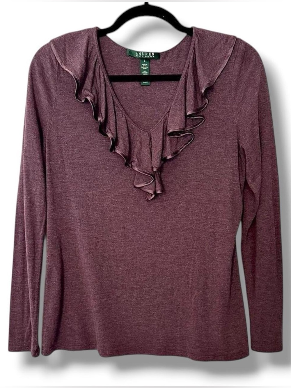 Ralph Lauren Mauve Ruffled Collar Long Sleeve Frilly V Neck Knit Top L